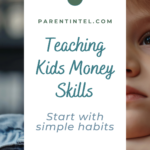 Young child with coins and the text “Raise a Money-Smart Child, Teach Habits That Last.”