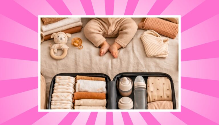 Baby sitting beside a neatly packed suitcase with diapers, clothes, and bottles for a travel-friendly baby packing list essentials and extras.