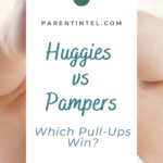 Pinterest pin featuring a baby wearing a pull-up diaper with the text “Huggies vs Pampers, Which Pull-Ups Win?”