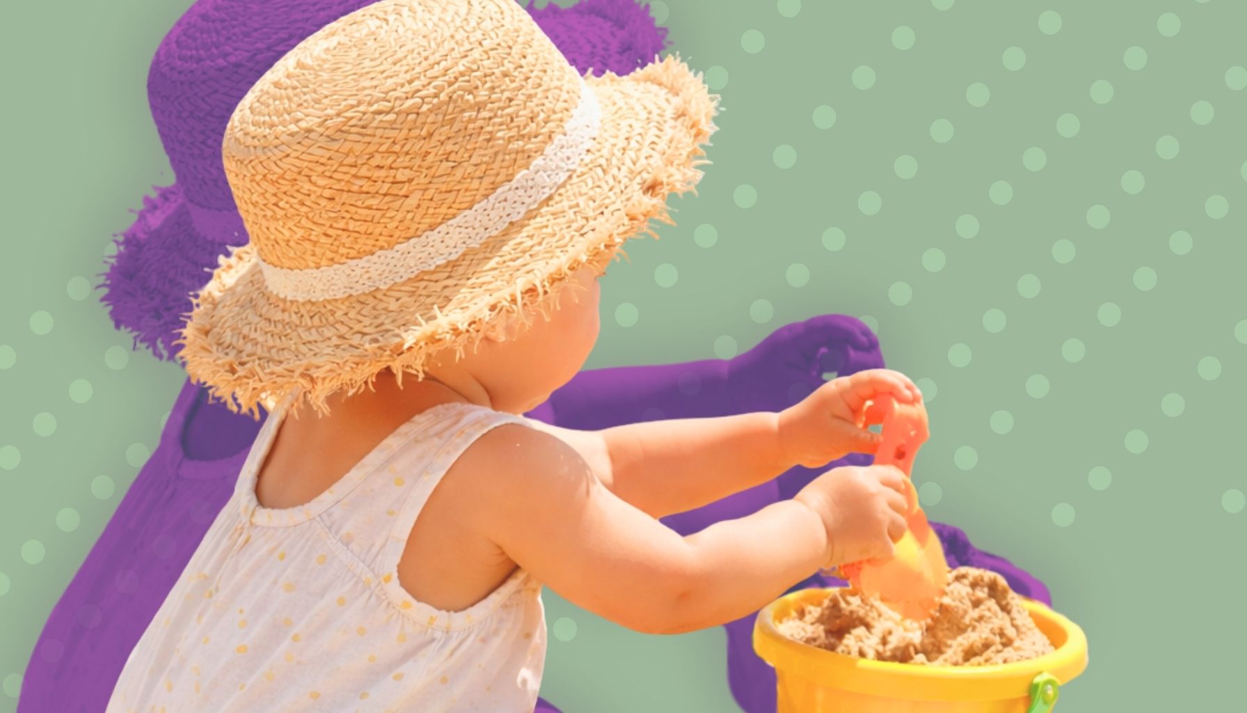 Toddler playing with sand toys by the beach, illustrating essentials for a beach vacation with toddlers.
