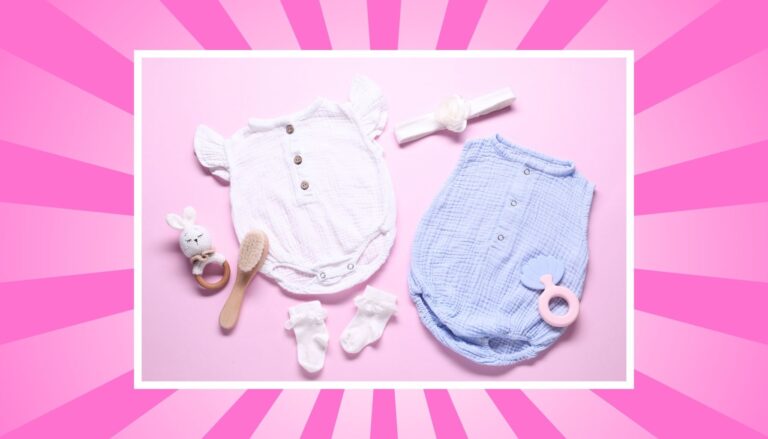 baby clothes and toys on a pink background