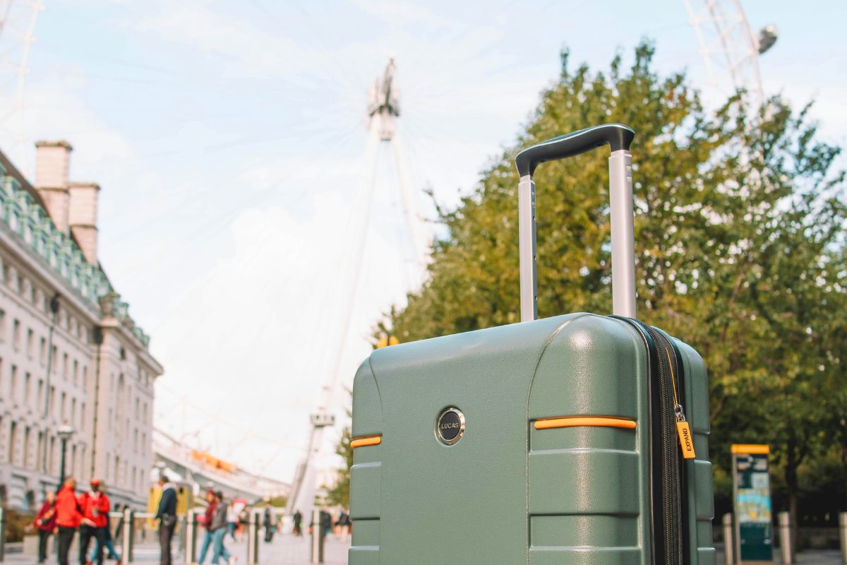 Carry-on suitcase outdoors showing lightweight luggage for easy family travel.