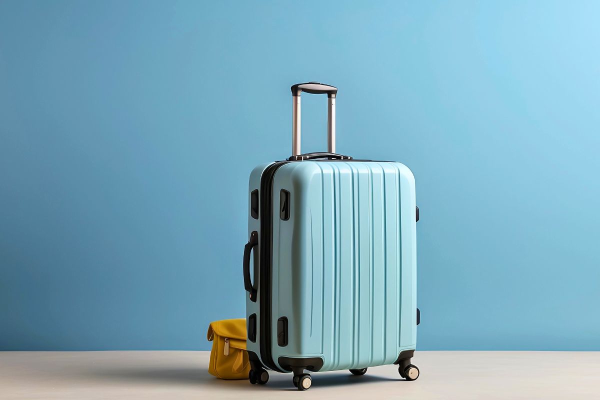 Blue hard shell suitcase with spinner wheels ideal for family travel.