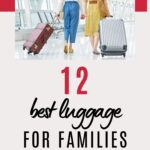 Travelers pulling luggage through airport showing practical suitcases for family trips.