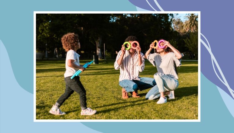 Family playing outside in a park, representing kid-friendly national park adventures for families.