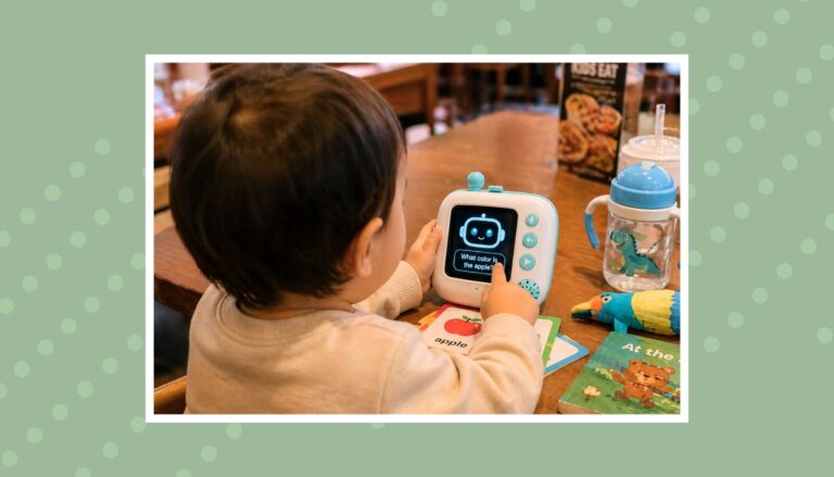 Toddler playing with an AI interactive learning toy at a restaurant table, keeping busy with flashcards and a screen-free activity during mealtime.