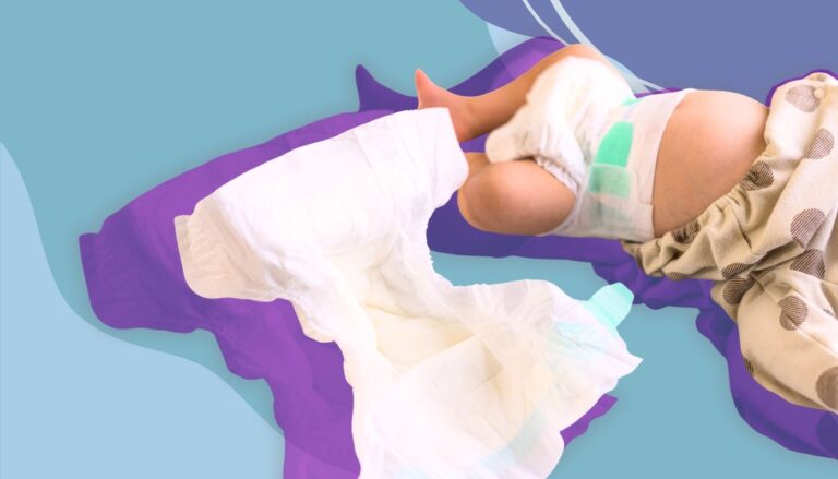 A young child wearing a white dress lying on a bed and playing in a bright, playful setting.