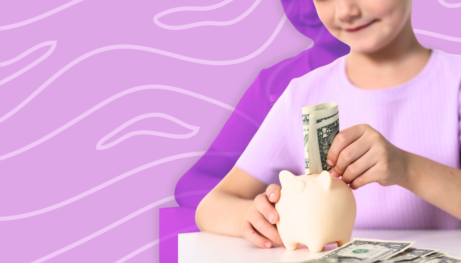 Little girl adding money to a piggy bank.