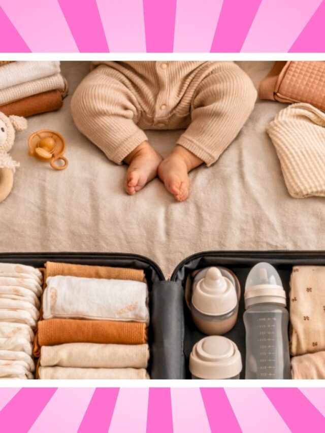Baby sitting beside a neatly packed suitcase with diapers, clothes, and bottles for a travel-friendly baby packing list essentials and extras.