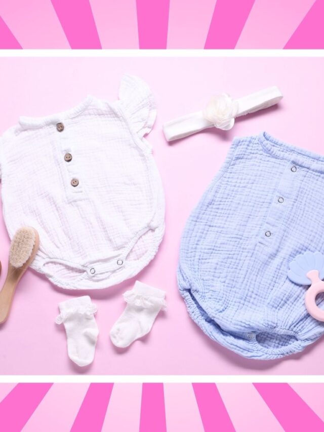 baby clothes and toys on a pink background