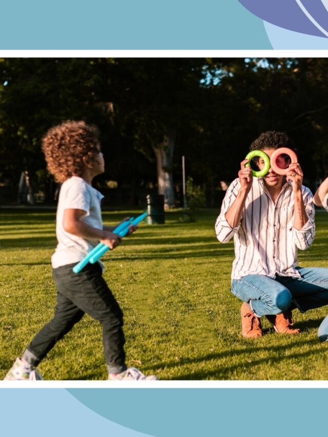 Family playing outside in a park, representing kid-friendly national park adventures for families.