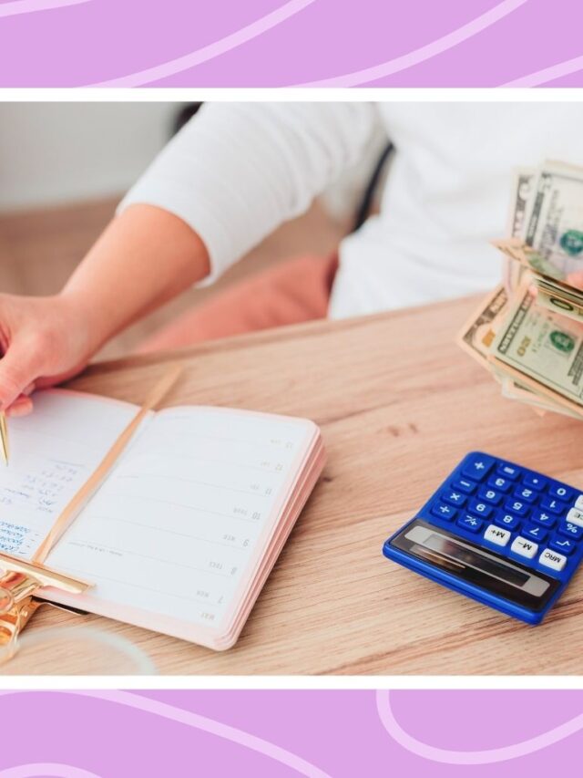 Parent budgeting at home using notebook, calculator, and cash to manage a large family budget and track expenses.