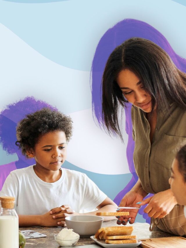 Parents and children practicing calm routines and positive discipline strategies during breakfast at home.