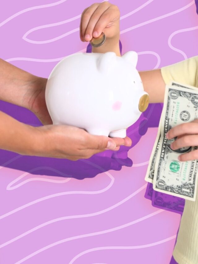 Mom passing pigg bank to daughter who adds in pennies.