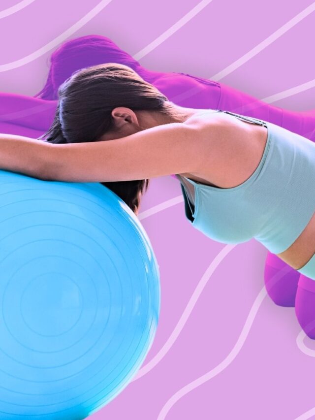 Women in maternity wear leaning on a blue birthing ball during labor.