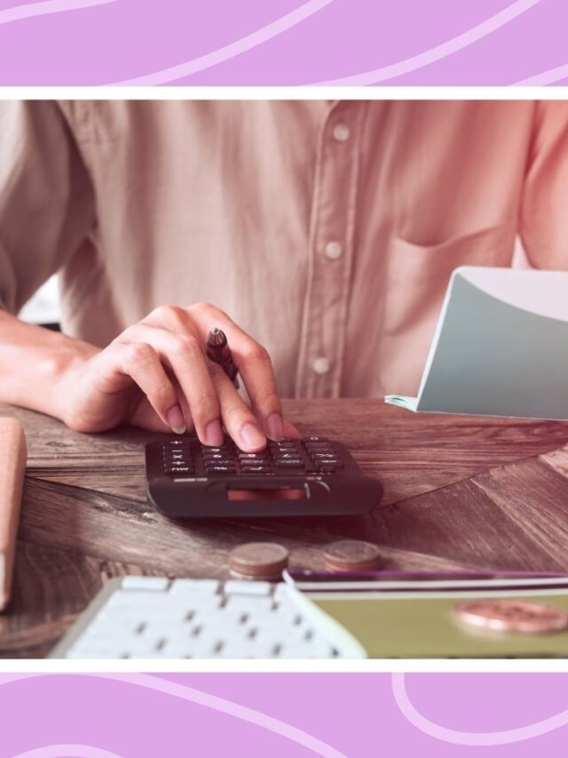 Person reviewing bills and using a calculator to track monthly income and expenses at home.