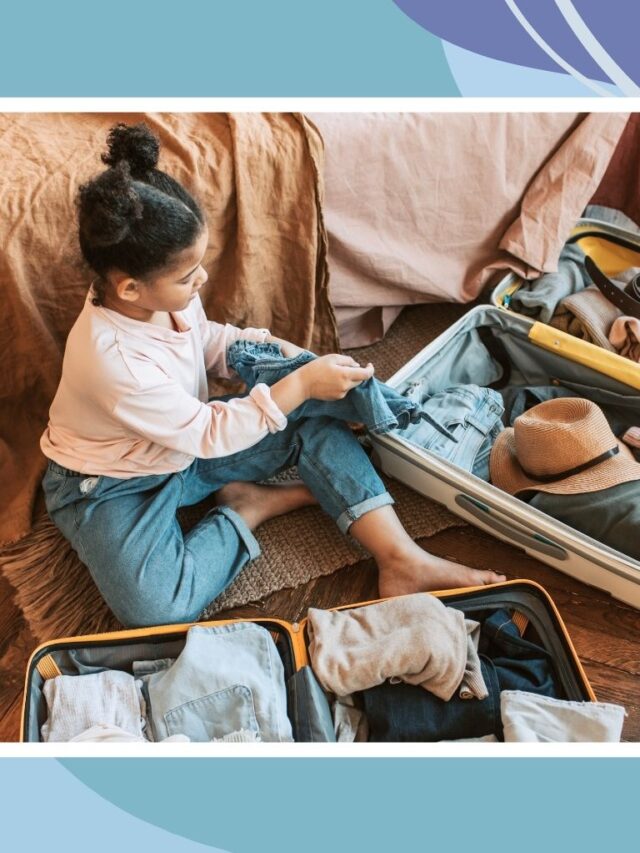Child packing a suitcase with clothes for a trip, what to pack in a kids carry on essentials.