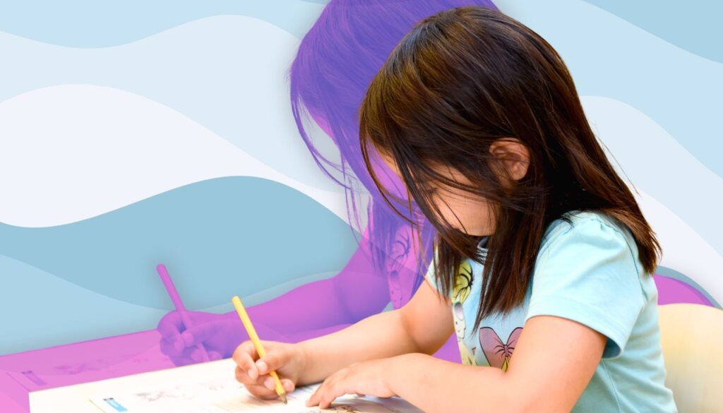 Child practicing writing with a pencil, showing early learning and school readiness for daycare, preschool, or kindergarten.