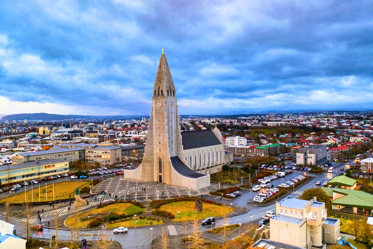 View of Hallgrímskirkja church and the surrounding cityscape in Reykjavik, Iceland.