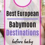 Pregnant couple standing close together outdoors while holding the baby bump.