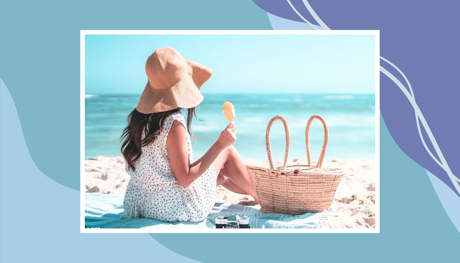 Woman relaxing on a sandy beach with a sun hat and beach bag, representing family-friendly beach vacations and relaxing coastal getaways.