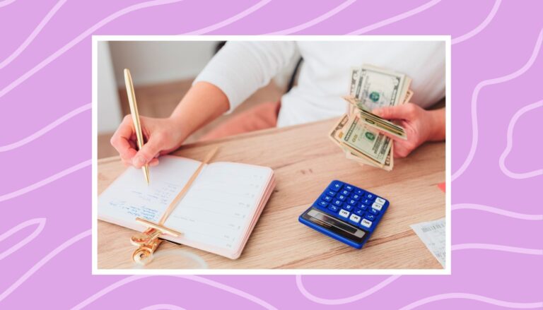 Parent budgeting at home using notebook, calculator, and cash to manage a large family budget and track expenses.