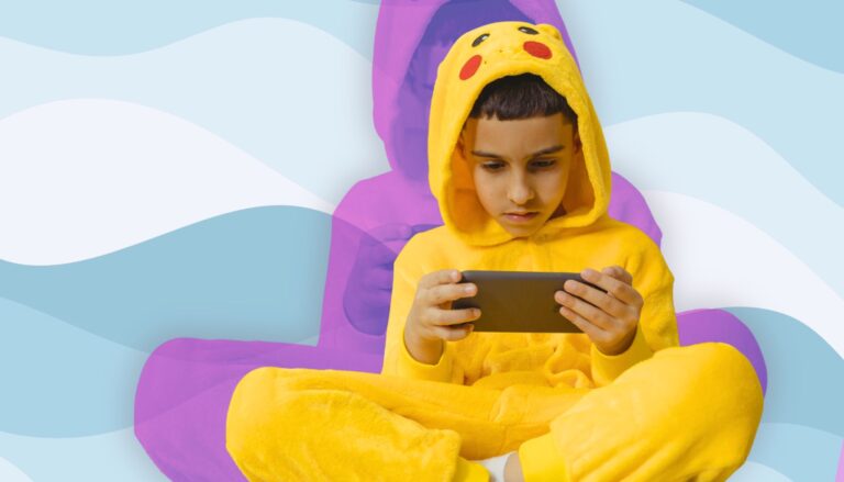 Child using a phone while parents consider YouTube Kids safety and screen time settings.