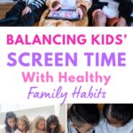 Children and parents using digital devices while practicing balanced kids screen time and healthy family habits.