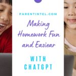 Two young children sitting with an adult, smiling as they use a laptop together at a table, suggesting a shared learning or homework activity.