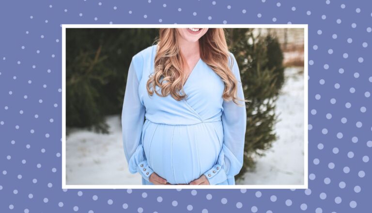 Pregnant woman in a blue dress posing outdoors, representing natural ways to reduce stress during pregnancy.