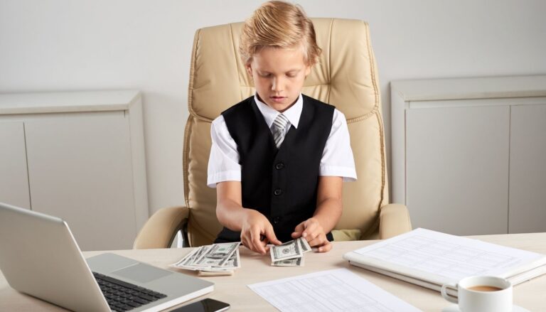 Young boy counting cash at a desk with a laptop and paperwork.