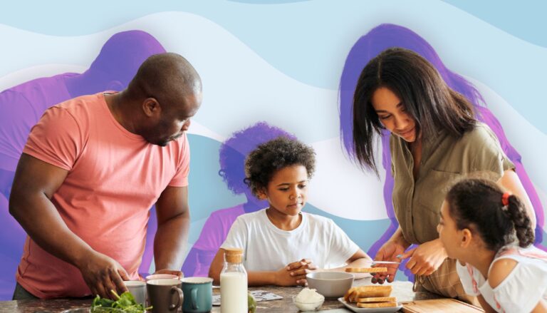 Parents and children practicing calm routines and positive discipline strategies during breakfast at home.