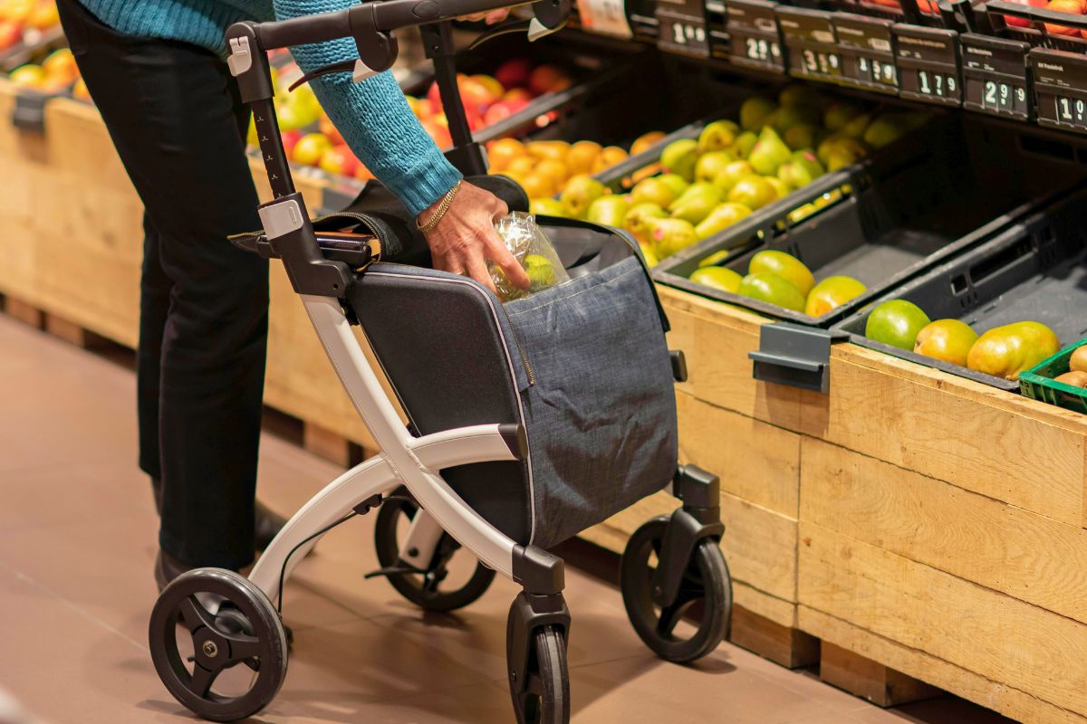 Shopping cart with fresh produce for budget friendly grocery shopping.