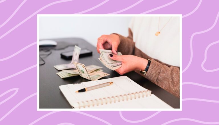 Woman counting cash beside a meal planner for grocery budgeting tips.