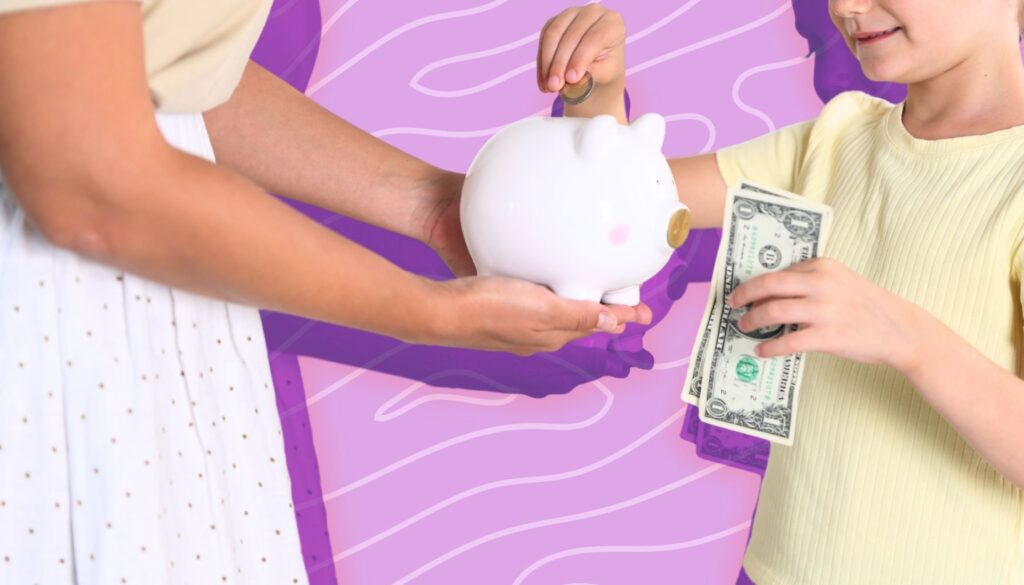 Mom passing pigg bank to daughter who adds in pennies.