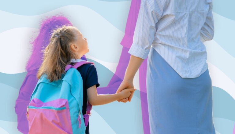 Parent holding a child’s hand as she carries a colorful backpack while preparing for the first day of school.