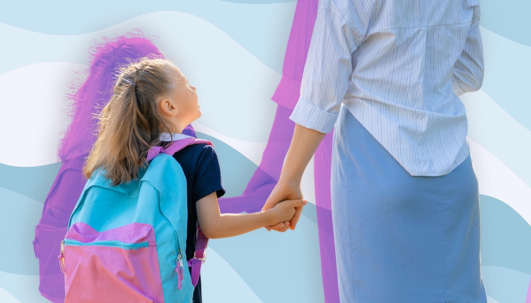 Parent holding a child’s hand as she carries a colorful backpack while preparing for the first day of school.