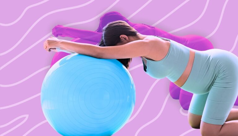 Women in maternity wear leaning on a blue birthing ball during labor.