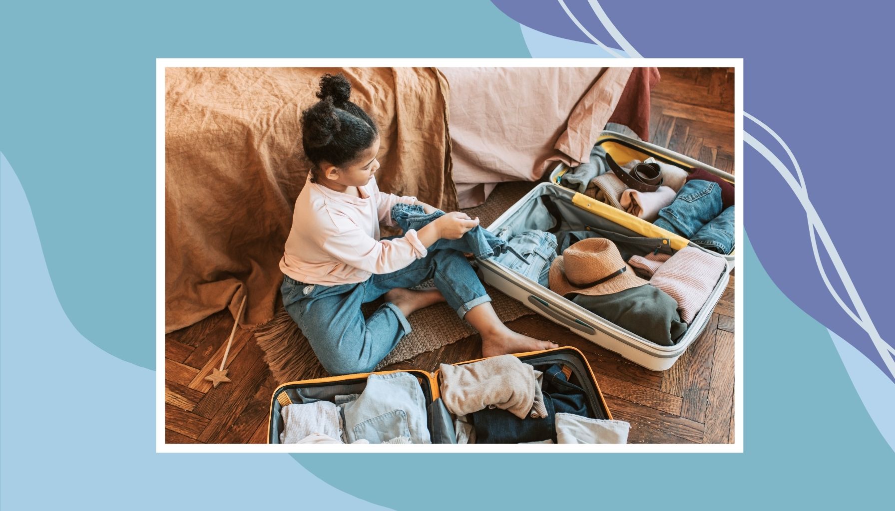 Child packing a suitcase with clothes for a trip, what to pack in a kids carry on essentials.
