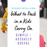 Child pulling a suitcase through an airport, kids carry on packing essentials for travel.