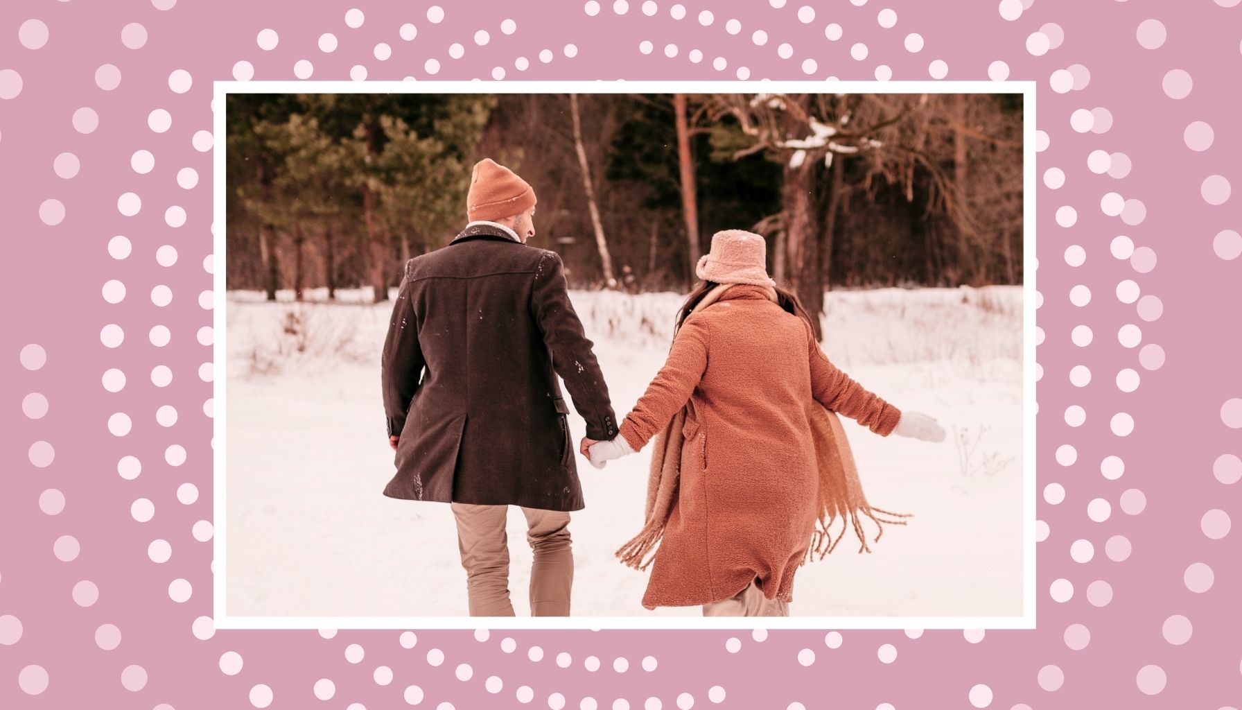 Expecting couple walking through the snow for cozy winter babymoon ideas.