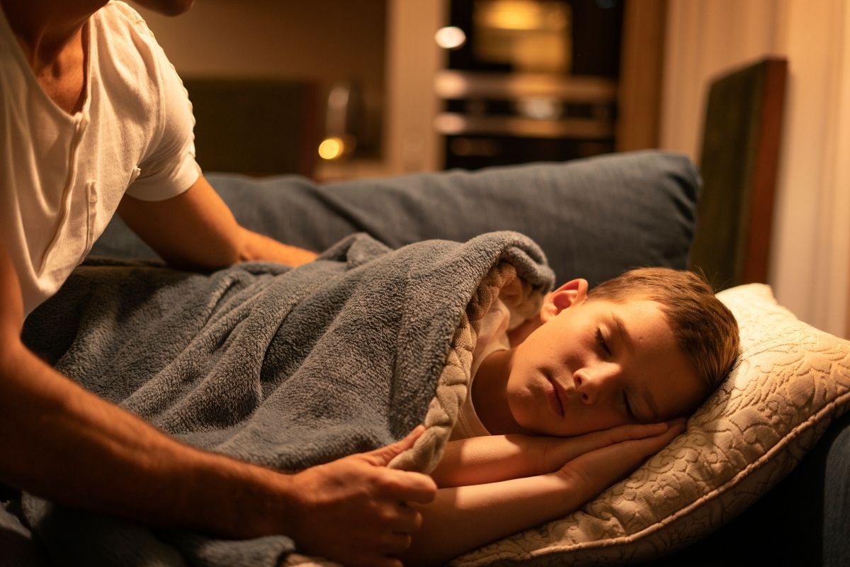 Parent carefully tucking a sleeping young boy under a soft gray blanket in a warmly lit bedroom.
