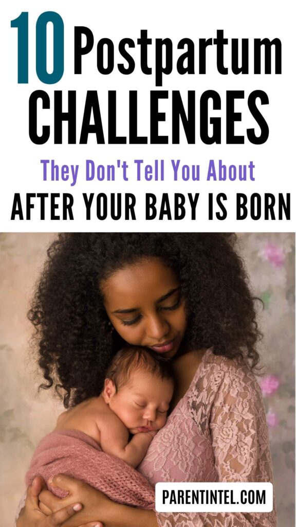 Mother holding newborn baby, promoting article on 10 postpartum challenges