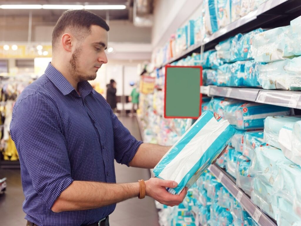 a father standing in a store aisle holding a package of diapers