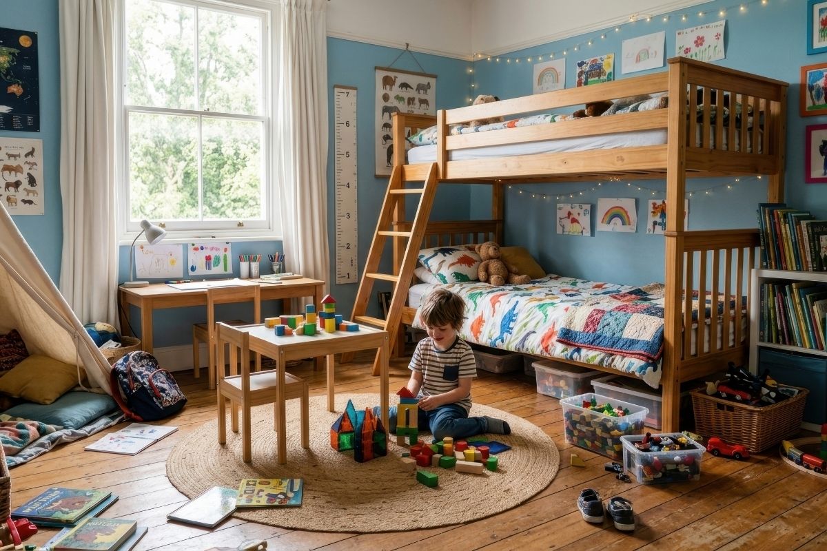 A toddler playing with colorful building blocks on the floor of a cozy bedroom with wooden bunk beds, toys, and books.