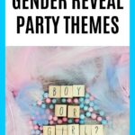 a decorative arrangement of pink and blue feathers, along with small pink and blue balls wooden blocks spell out 'BOY OR GIRL?' in the center and an overlay text at the top reading "unforgettable gender reveal party themes"