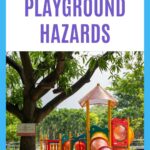 Playground safety pin graphic showing a playground with text saying 'Protect your kids from these playground hazards'