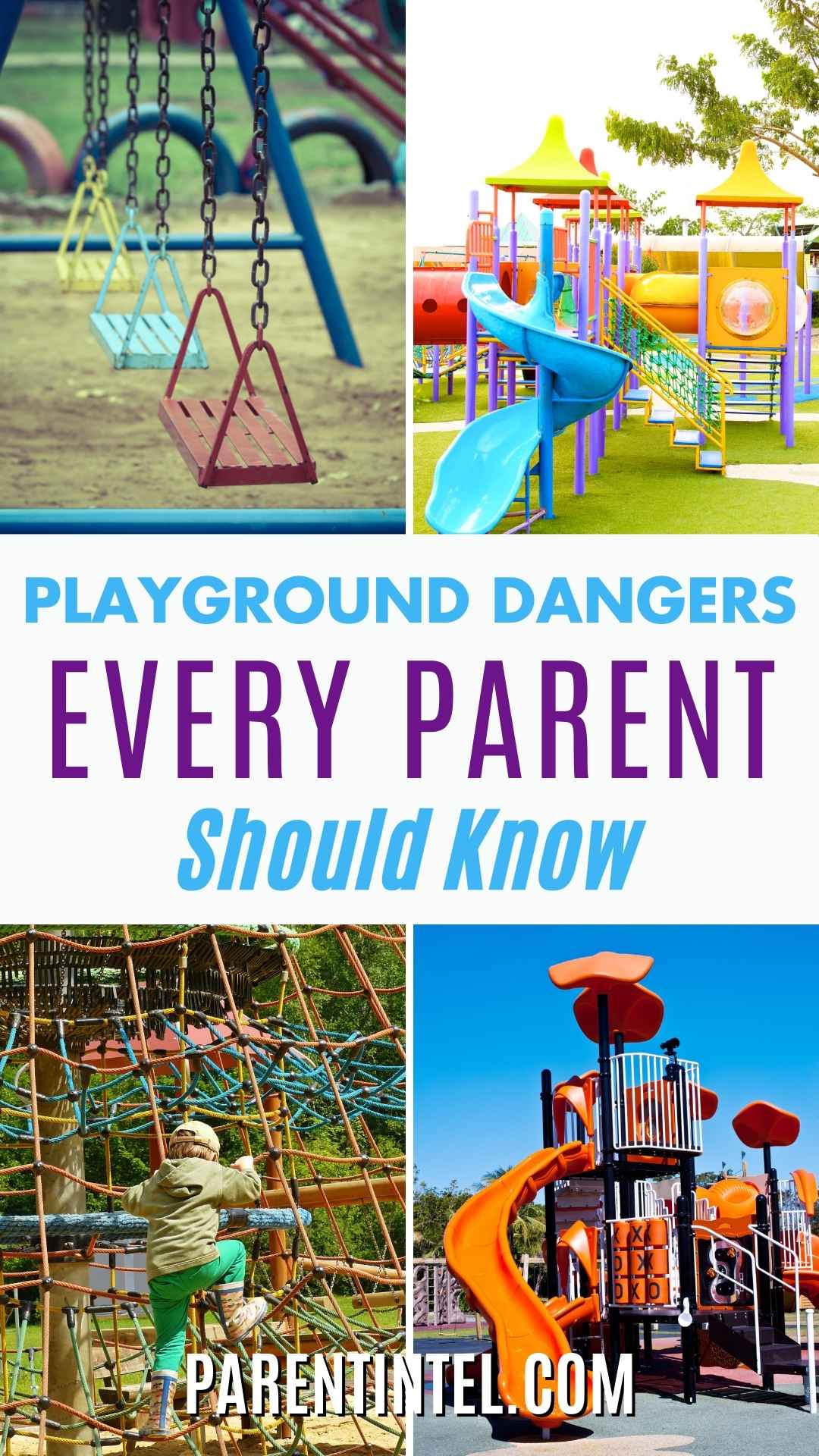 Pin graphic showing various playground structures with text overlay: 'Playground dangers every parent should know'