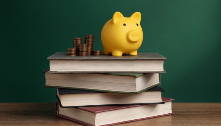 Yellow piggy bank and stacks of coins placed on top of a pile of books against a dark green background.