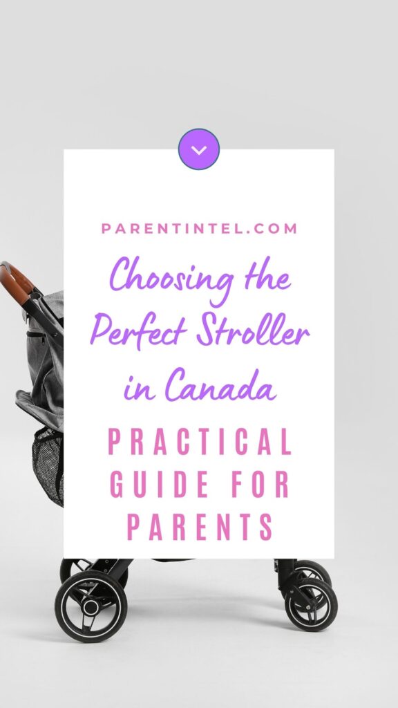 a partial view of a stroller with an overlay text saying 'Choosing the Perfect Stroller in Canada, PRACTICAL GUIDE FOR PARENTS.'